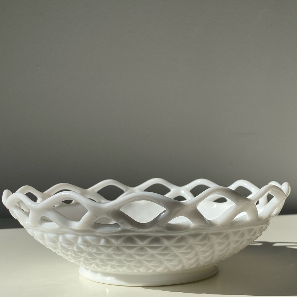 Vintage Imperial Glass White Milk Glass Open Lace Fruit Bowl 10”